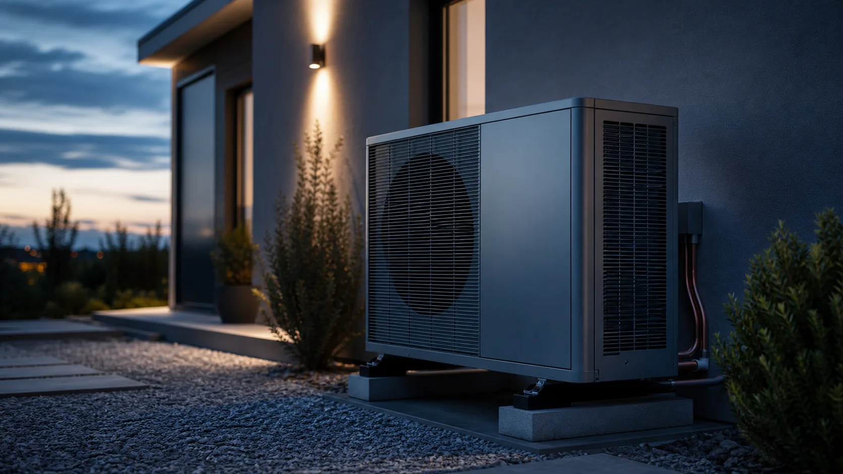 Unbranded exterior heat-pump equipment beside a contemporary home at blue hour